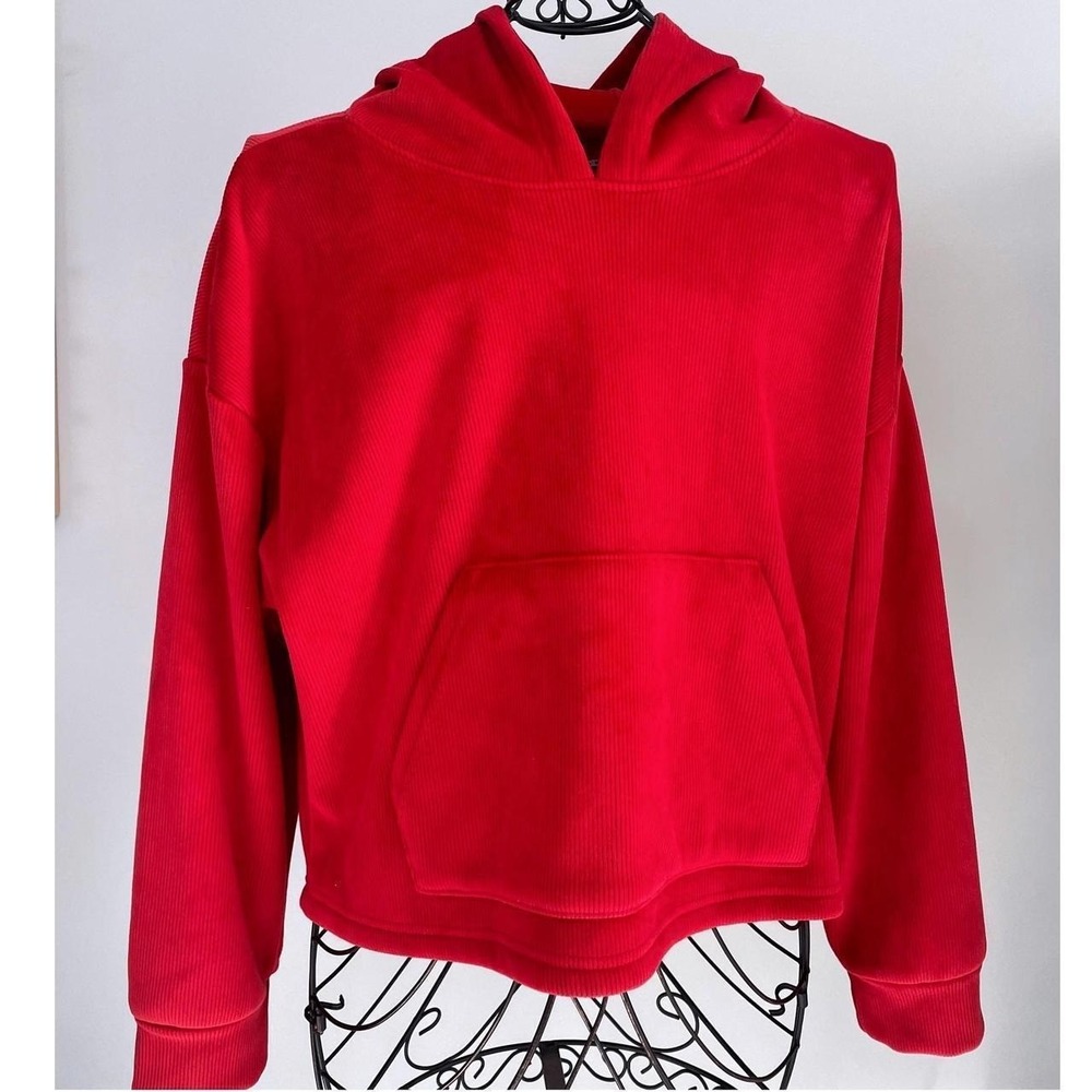 Kyodan Red Ribbed Velour Pullover Hoodie XL Heavy Holiday Warm Hood Kangaroo $69